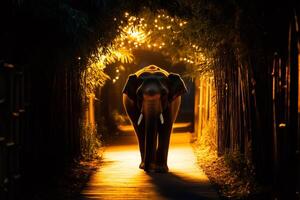 Elephant walking on a path at night with festive lights photo