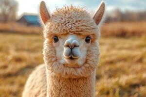 Fluffy alpaca looking at camera in a field during golden hour photo