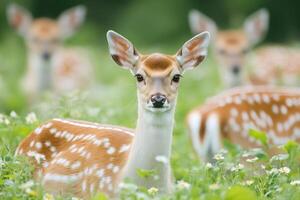 Young sika deer resting in the grass with other deer in the background photo