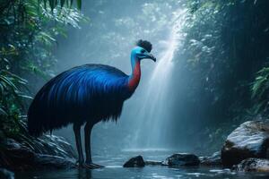 Cassowary standing in a river in front of a waterfall in a tropical rainforest photo