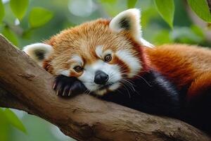 Red panda resting on a tree branch looking adorable photo