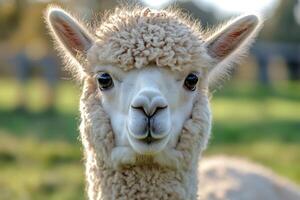 Fluffy alpaca looking at viewer in a green field photo