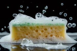 Cleaning sponge with foam bubbles creating abstract forms on black background photo