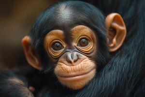 Baby chimpanzee showing emotion while looking at viewer photo