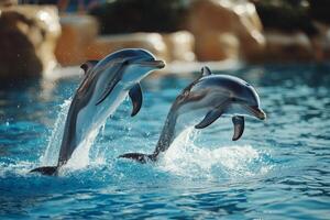 Two dolphins performing a synchronized jump in a blue pool photo