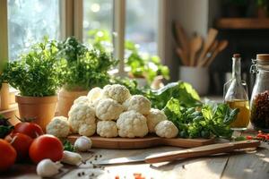 Fresh ingredients arranged on a wooden cutting board, creating a rustic and inviting scene that promotes healthy eating photo