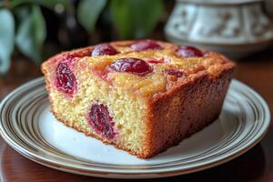 Slice of cherry cake resting on a small plate photo