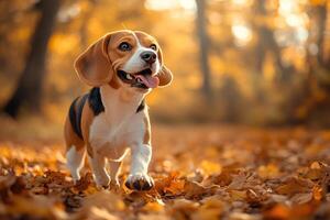 Cute beagle puppy running and having fun in autumn forest photo