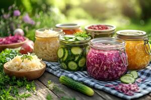 Preserving summer vegetables by pickling and fermenting them in glass jars. photo