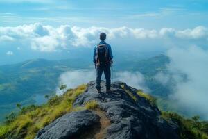 Hiker standing on top of mountain enjoying breathtaking view above clouds photo