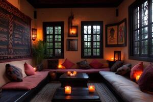 Relaxing moroccan living room illuminated by candles during evening photo