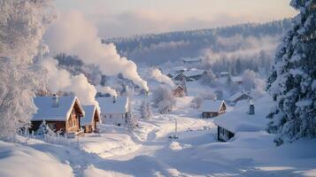 Smoke rising from chimneys of snow covered houses in a mountain village photo
