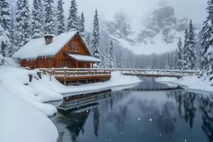 Cozy wooden cabin reflecting on Emerald Lake during snowfall in Yoho National Park photo