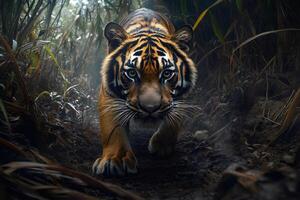 Sumatran tiger walking in the jungle looking forward photo