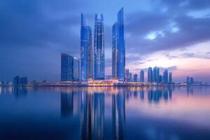 Grand skyscrapers reflecting in the calm water at dusk in Abu Dhabi photo
