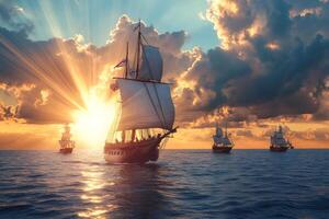 Old sailing ships navigating on the ocean at sunset photo