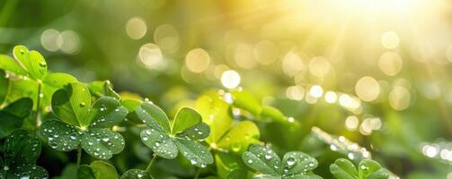 close-up of dew-covered clovers sparkling in sunlight photo