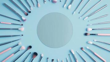 Makeup brushes arranged in a circular pattern on a pastel blue background photo