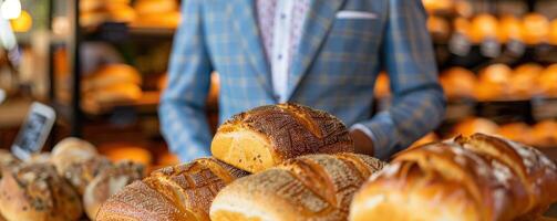 Freshly baked loaves of bread in a bakery display with a man dressed in a suit photo