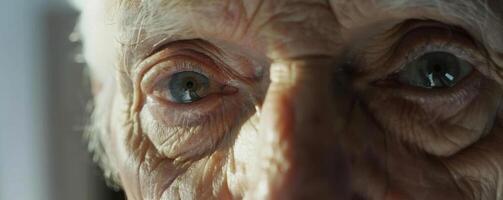 Close-up of elderly man's blue eyes with wrinkles photo