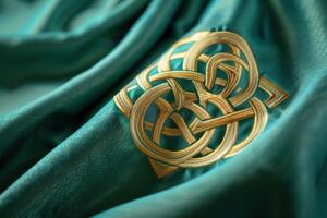 Celtic knot embroidery in gold on emerald green silk fabric with intricate detailing photo