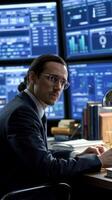 A man in a suit sitting at a desk with multiple monitors photo