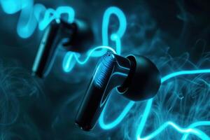 black wireless earbuds floating with glowing blue sound waves photo