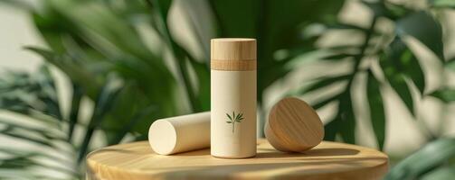 deodorant stick with compostable bamboo packaging on a wooden surface photo