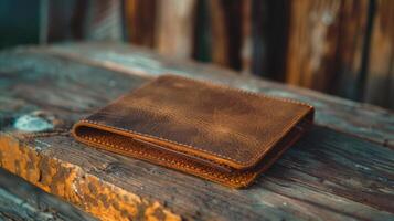 plant based leather wallet with rich texture on a weathered wooden surface photo
