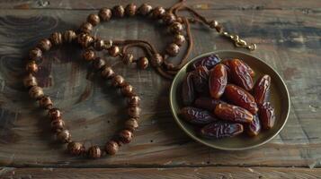 prayer beads and a brass bowl filled with dates on wooden table photo