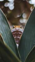 Leaopard gecko closeup head gecko hiding behind green leaves photo