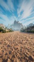 The desert is shown in the game, with mountains in the background photo