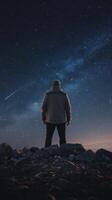 Man standing on rocks looking at the sky photo
