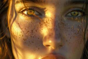 Close-up portrait of a young woman with glowing freckled skin photo