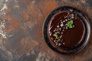 Glossy chocolate cake with ganache and mint garnish photo