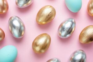 Easter eggs arranged on a soft pink background in a minimal design photo