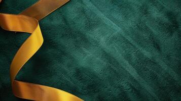 Emerald green velvet texture with a gold ribbon draped diagonally across the surface photo