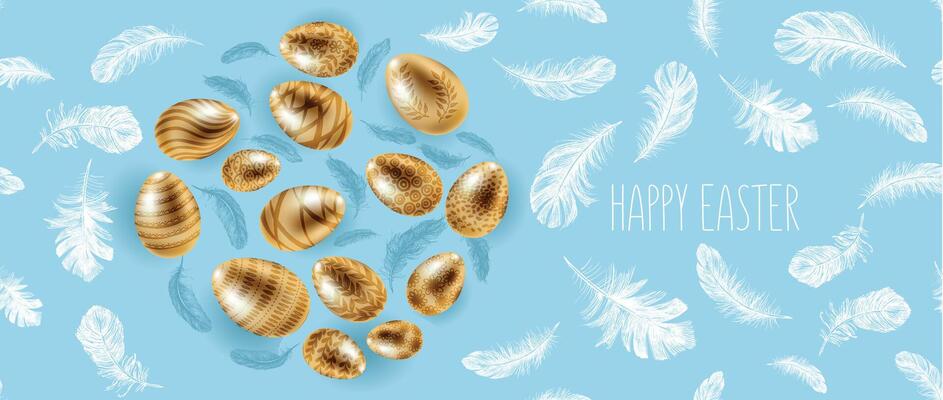 Happy Easter eggs with feathers, hand drawn illustration