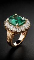 Beautiful ring made of gold with precious stones emerald and diamonds on a black background photo