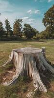 A tree stump in a field photo