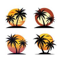 Sun set with Palm Tree Set, palm tree black silhouette on sun middle background vector