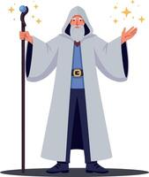 A wise old wizard in a flowing grey robe casting spells with a staff in a detailed flat illustration vector