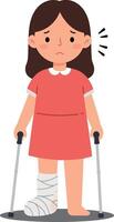 A young girl with crutches and a bandaged leg expressing sadness in a minimal flat design illustration vector