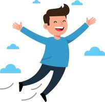 Cheerful boy joyfully jumping in the air surrounded by fluffy clouds in a colorful flat illustration vector
