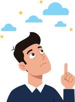 A thoughtful man in a blue sweater gazing at clouds and stars while pondering ideas in a flat illustration vector