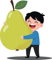 A cheerful boy joyfully embracing a giant pear in a flat, colorful design style showcasing love for fruits in illustration vector