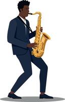 A talented musician playing a golden saxophone in a sleek black suit, showcasing a lively and energetic performance in flat art vector