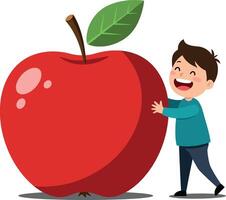 A cheerful boy playfully pushing a large red apple in a vibrant flat illustration depicting fun and whimsy in a playful setting vector