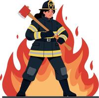 Confident firefighter brandishing an axe while standing amidst vibrant flames in a flat, colorful style of art vector