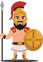 Brave warrior in detailed armor holding a spear and shield in a dynamic pose, showcasing strength and valor, flat art vector